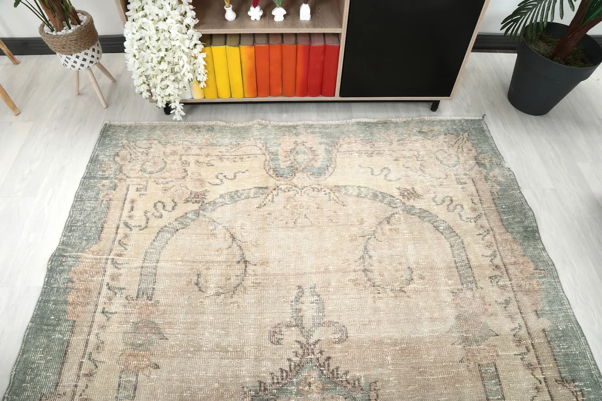 Overhead view focusing on the upper half of the rug's design