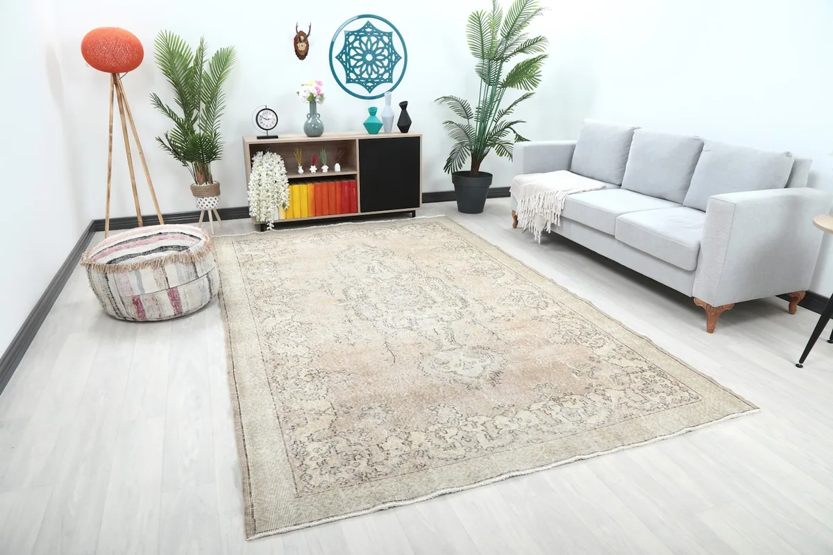 Angle view of the large Anatolian rug in a contemporary living space