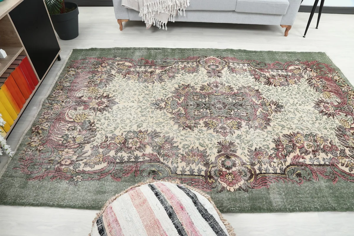 Broad view of the rug filling the living space, emphasizing its size and design