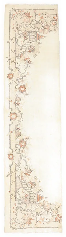 Cream Rose Floral Anatolian Runner, full top view showing its unique one-sided floral border.