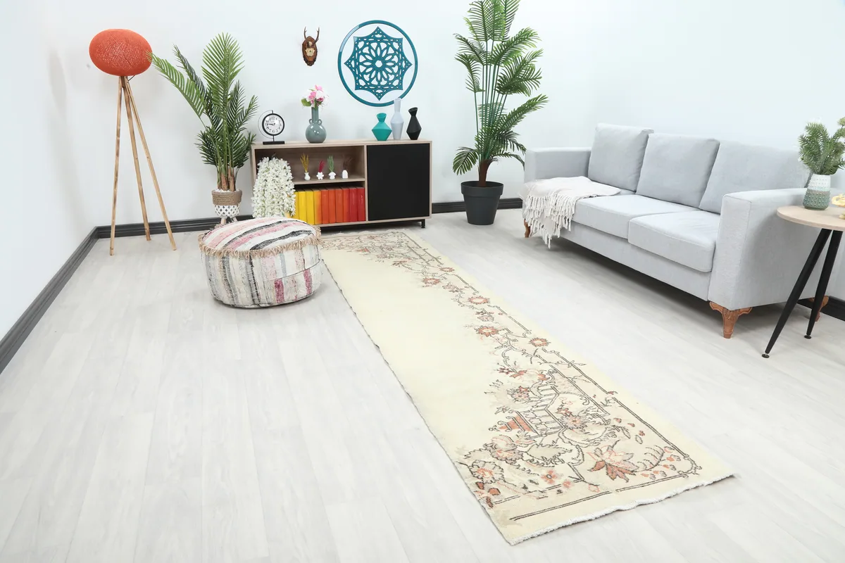 Cream Rose Floral Anatolian Runner viewed from an angle in a living space, highlighting the cream field.