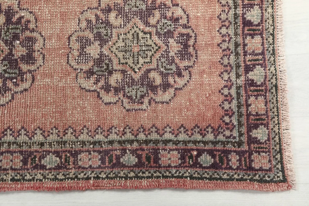 Corner detail of the runner rug, showing the border pattern and medallion