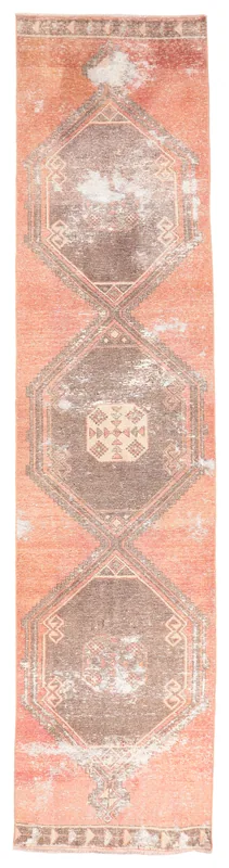 Full top view of the 2'10" x 12'5" rust and brown geometric Anatolian runner rug