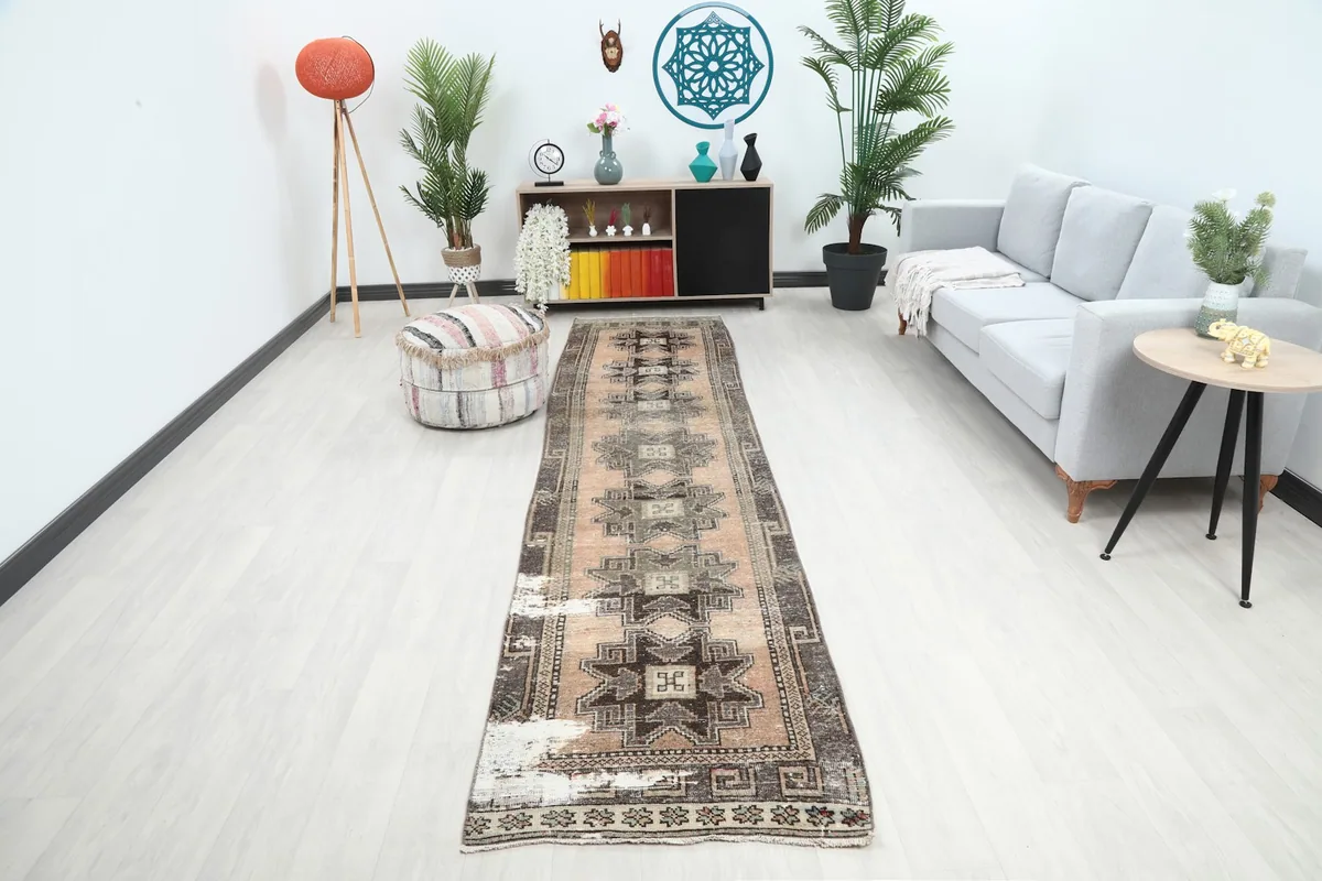 Runner rug displayed in a modern living room setting, showing its length and scale