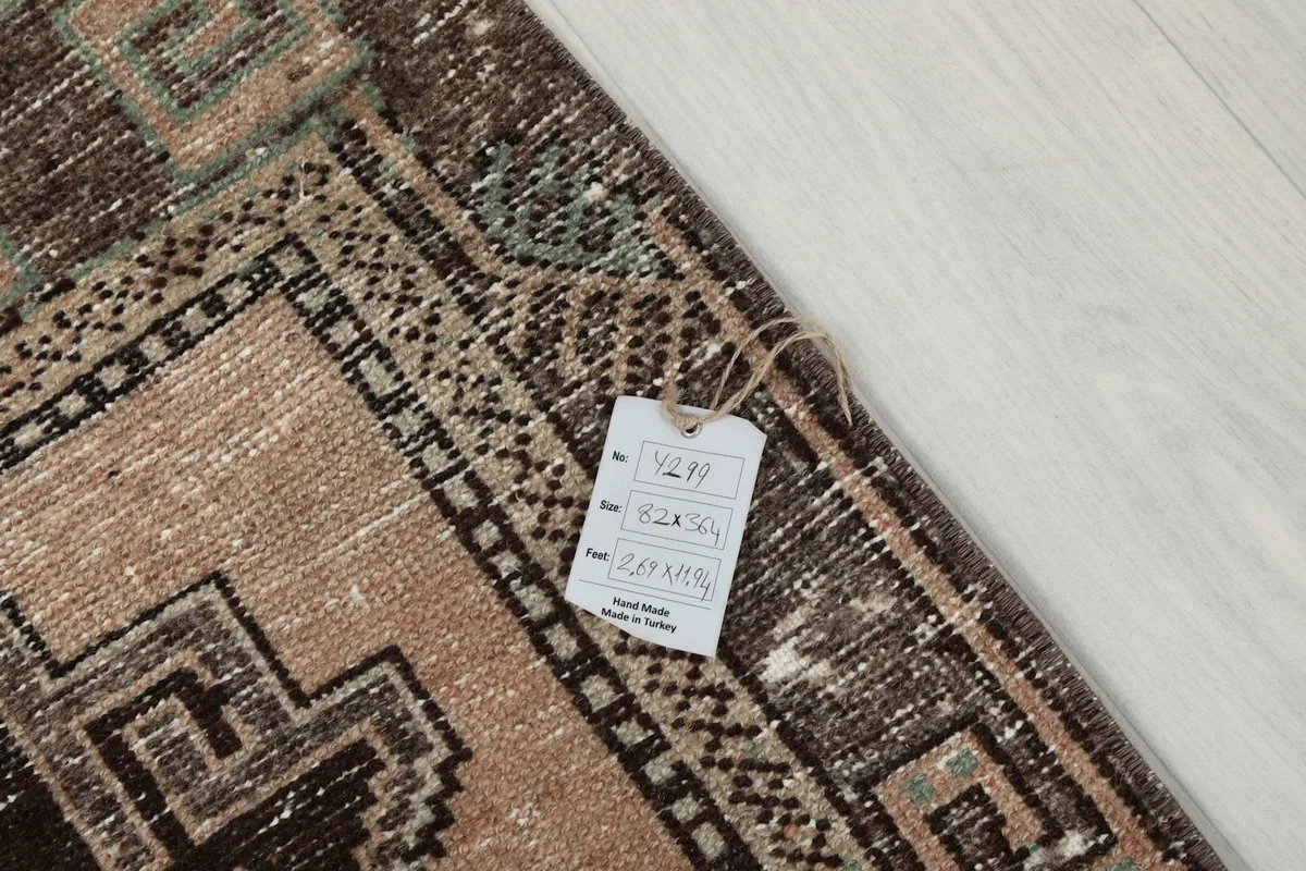 Corner of the rug with the product tag attached, showing details and origin