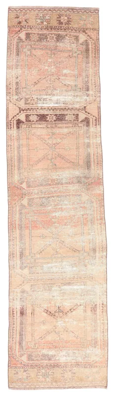 Full overhead view of the 2'7" x 11'3" rose and brown geometric Anatolian runner on a white background.