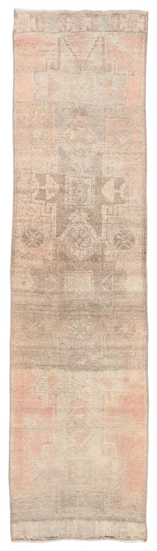 Full top view of the 2'9" x 11'0" vintage Anatolian runner rug on a white background.