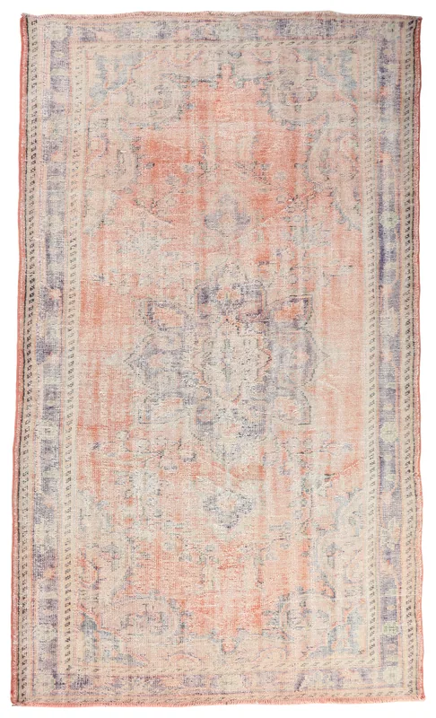 Full top view of a 5'11" x 10'2" vintage Anatolian area rug with rust and blue medallion pattern