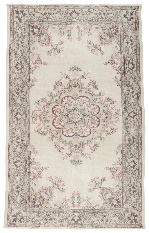 Ivory Rose Medallion Anatolian Rug, full top view showing the central medallion and border.