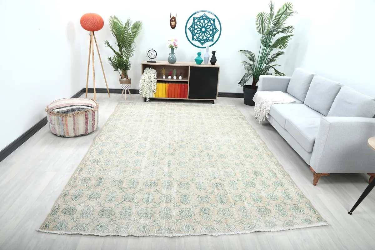 Vintage Anatolian rug in a living room setting with a light-colored sofa and wooden furniture