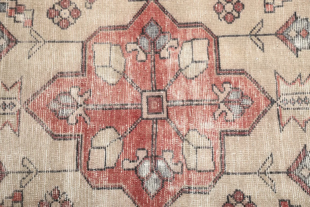 Close-up of the intricate central medallion with red, beige, and gray details
