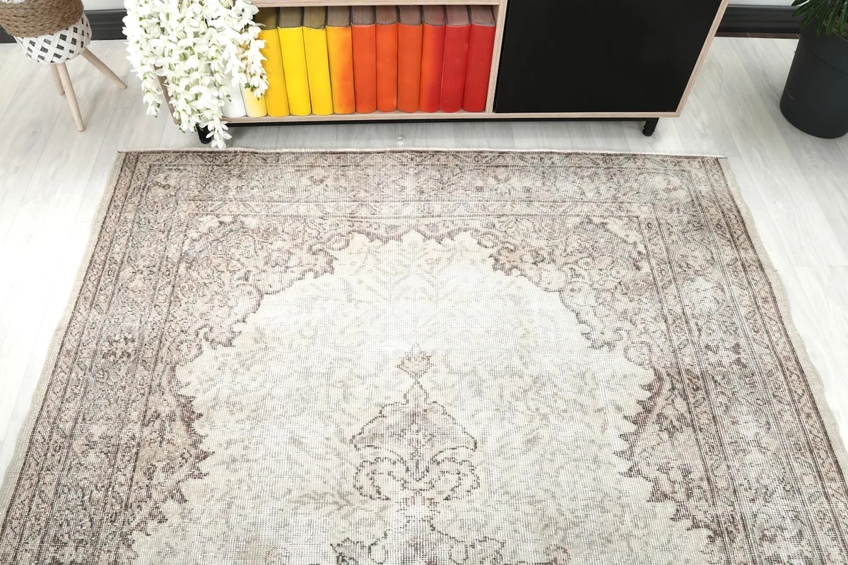 Overhead view of the rug from a slightly elevated position, showing its full design and shape.