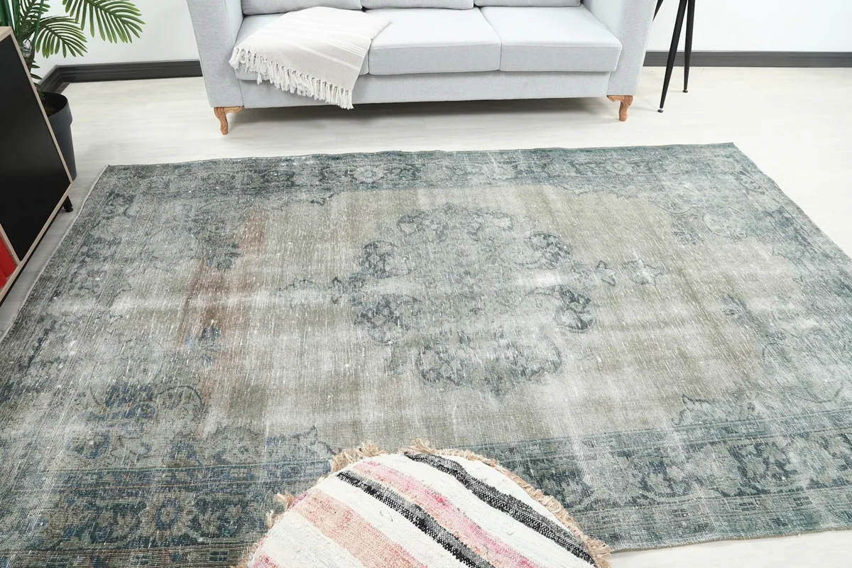Overhead view of the rug in a room, showcasing its full design and dimensions