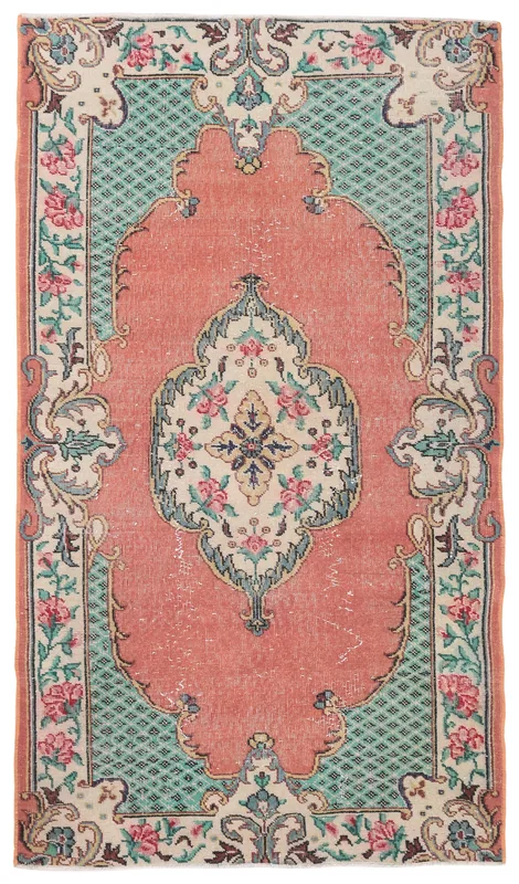 Full top view of the vintage Anatolian rose and green floral medallion area rug