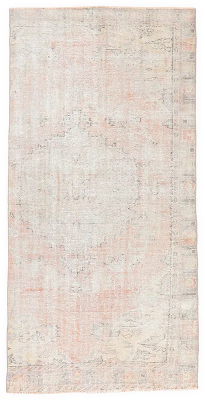 Full overhead view of the 4'0" x 8'2" rose and beige vintage Anatolian rug on a white background.