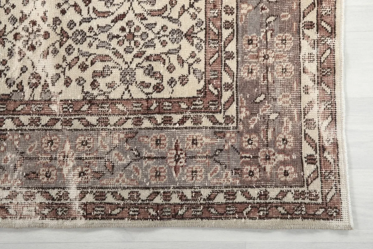 Close-up detail of the rug's border, featuring geometric patterns in brown, tan, and gray tones.