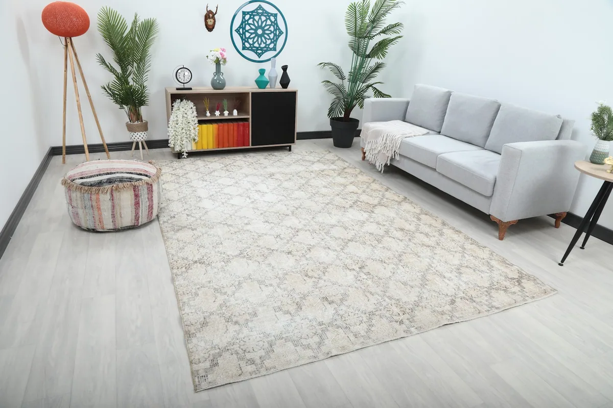 Area rug laid out in a modern living space, highlighting its neutral palette