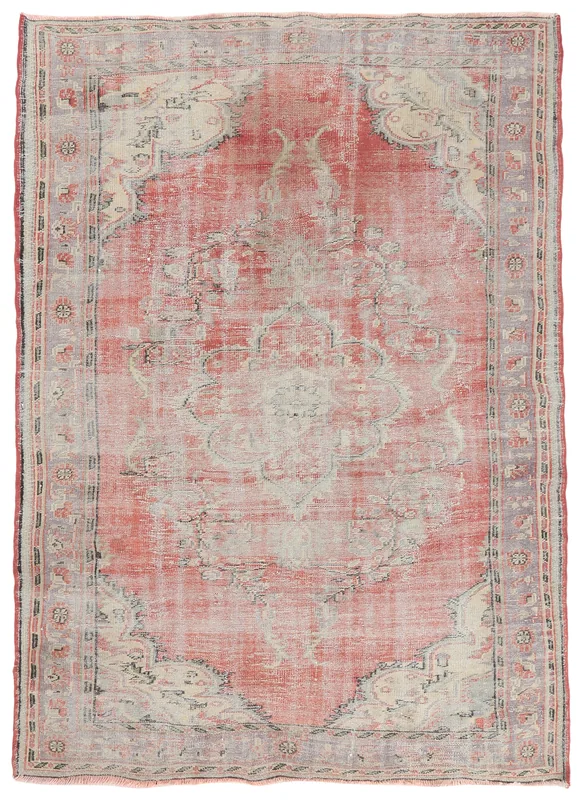 Top view of the 6'0" x 8'4" vintage Anatolian area rug with rose field and gray medallion.