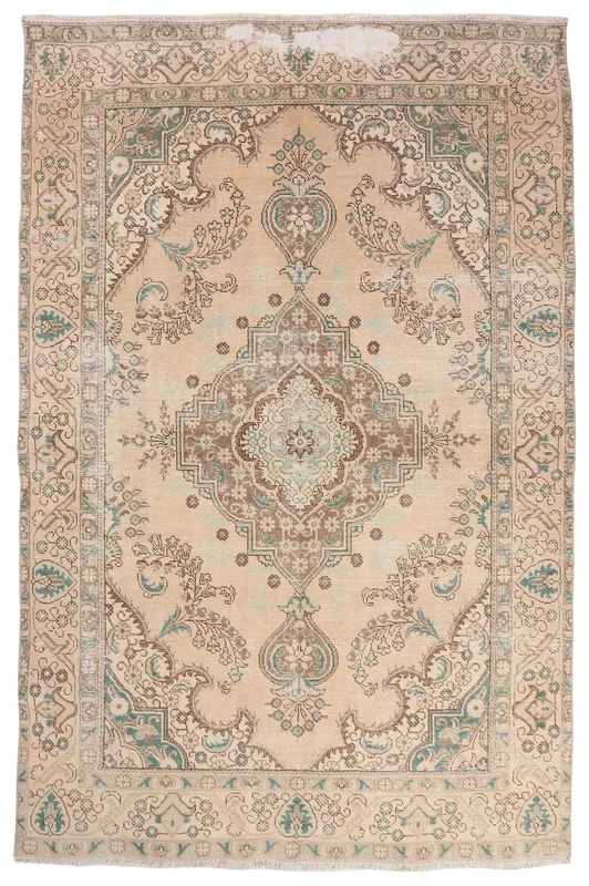 Full overhead view of the beige blue medallion vintage Anatolian area rug