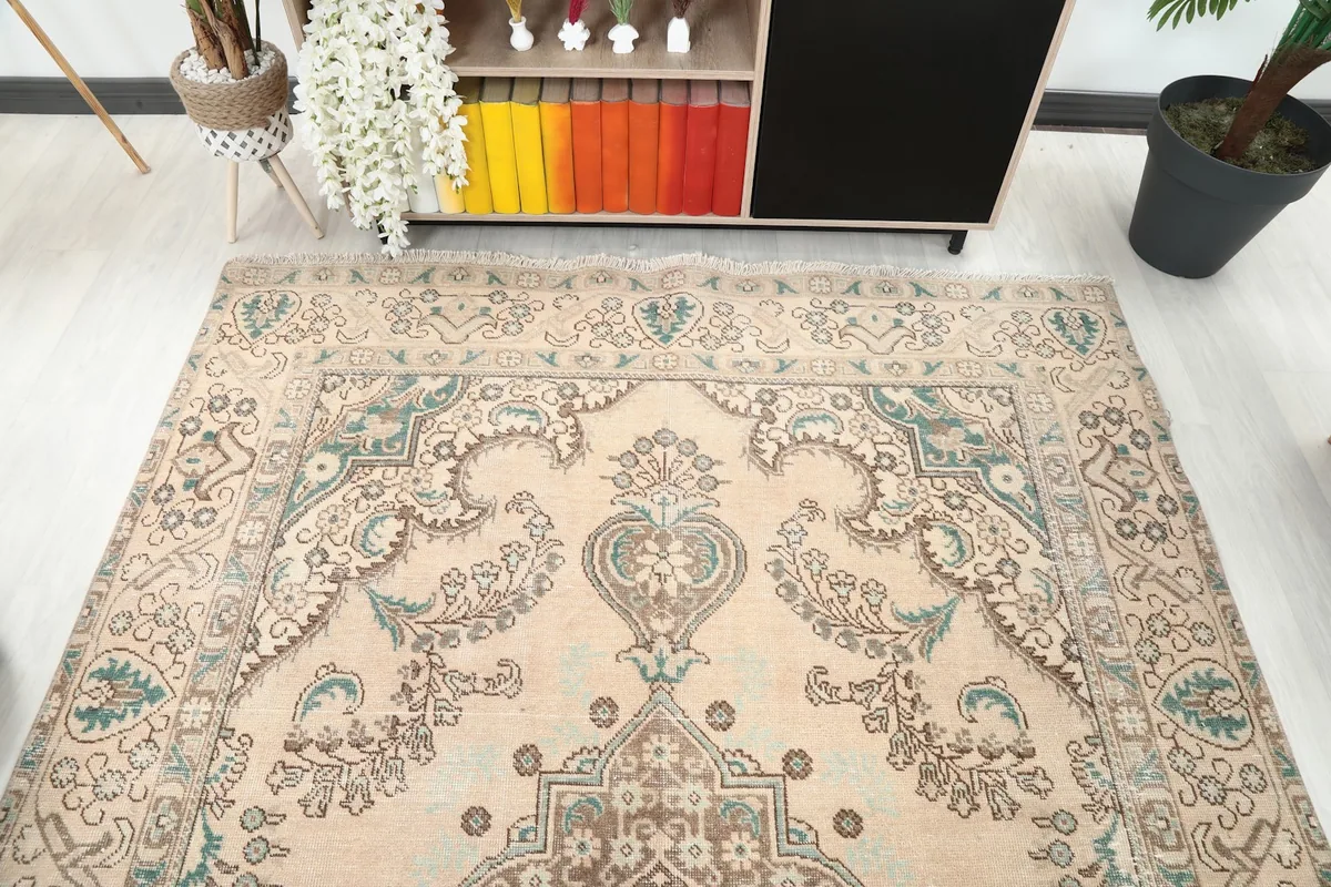 Perspective view showing the rug's placement relative to furniture