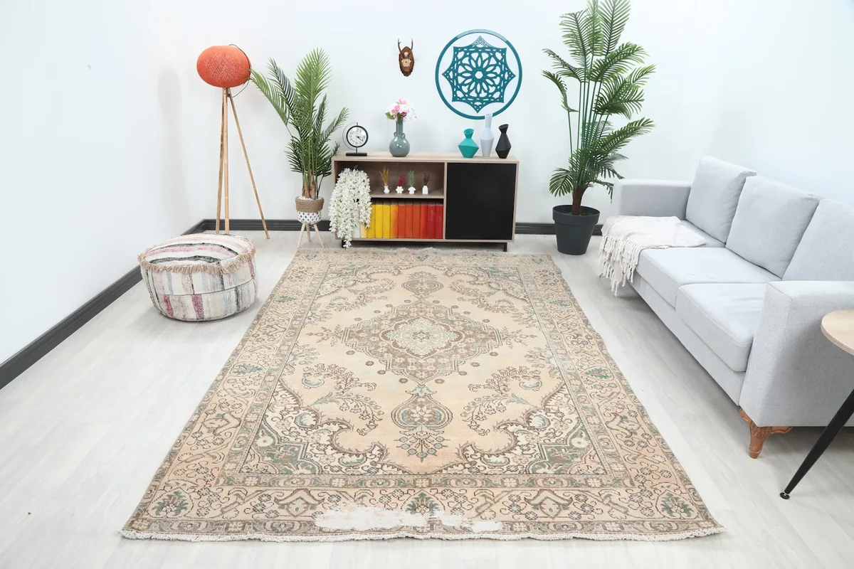 Vintage Anatolian rug in a living room setting with a light sofa