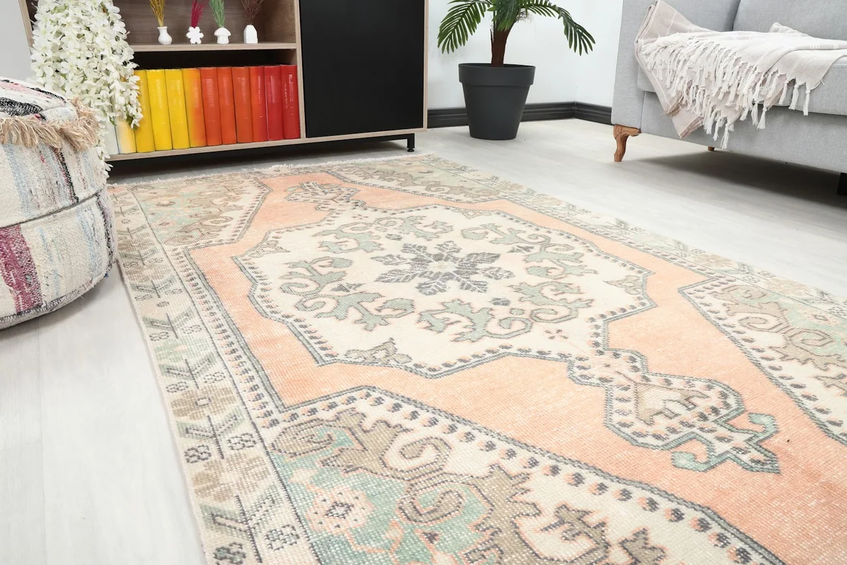 Overhead view of the rug from a slight angle, showcasing its full length and design in a room
