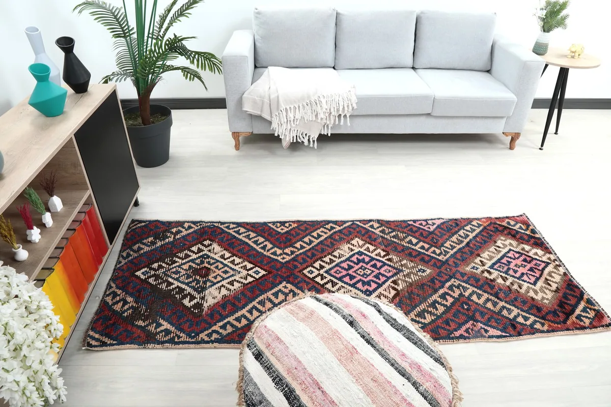 Wide shot of the room with the runner rug, showing its placement relative to a sofa, plants, and shelving.