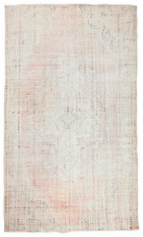 Full top view of the 5'11" x 10'4" vintage Anatolian area rug with faded rose and beige tones.