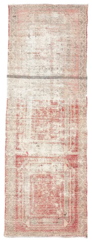 Full top view of the 3'5" x 9'10" rose and gray distressed vintage Anatolian runner rug