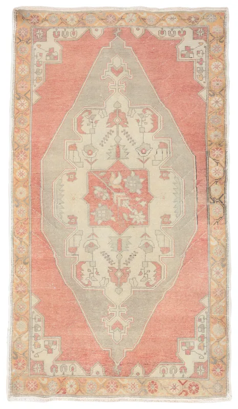 Full top view of the vintage rose and gray Anatolian rug