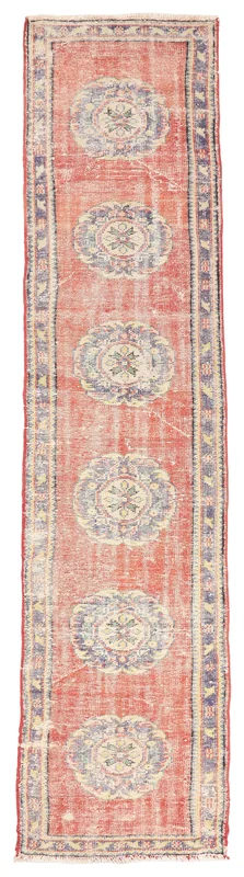 Full top view of the Faded Rust Medallion Anatolian Runner, showing its repeating medallions and geometric border.