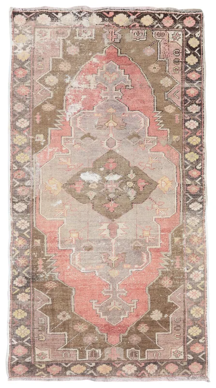 Full top view of the 4'0" x 7'10" vintage Anatolian rug on a white background, showcasing its rose, beige, and brown colors.