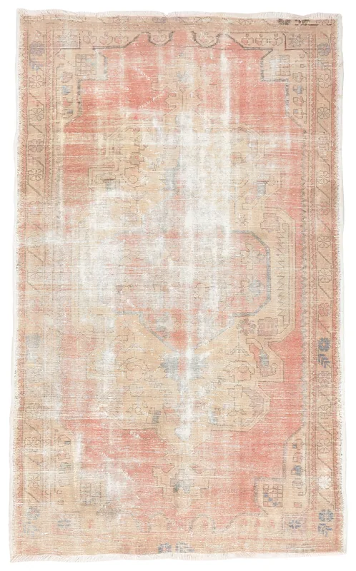 Full top view of the 4'3" x 7'1" rose and beige distressed vintage Anatolian rug
