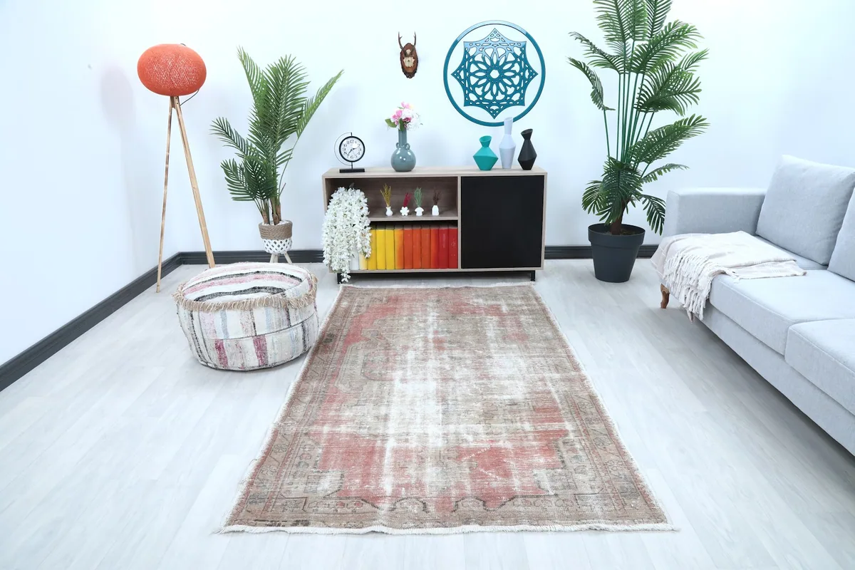 Vintage Anatolian rug in a modern living room setting with a light couch and plants