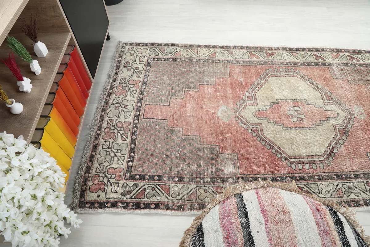Diagonal view of the rug showcasing its full length and colors