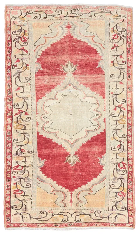 Red Medallion Anatolian Area Rug, full top view showing red field, beige medallion, and floral border.