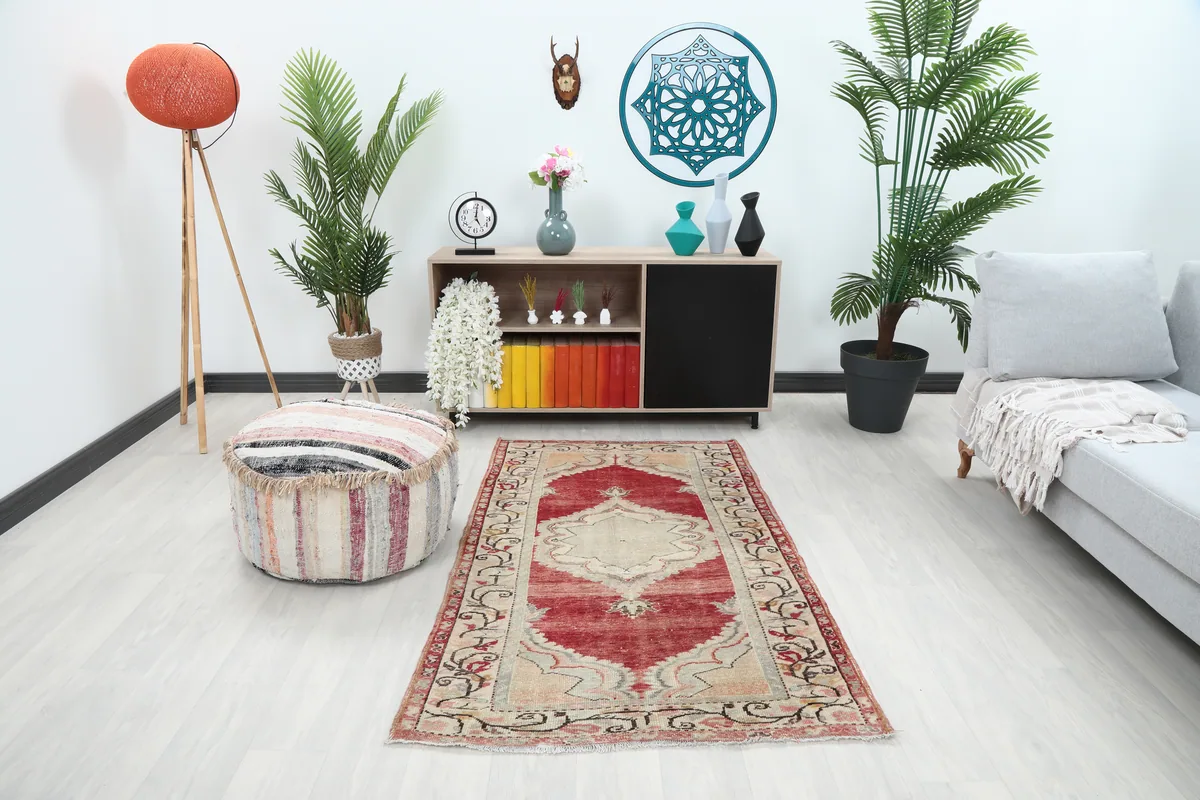 Red Medallion Anatolian Area Rug in a modern living room setting, viewed from the front.