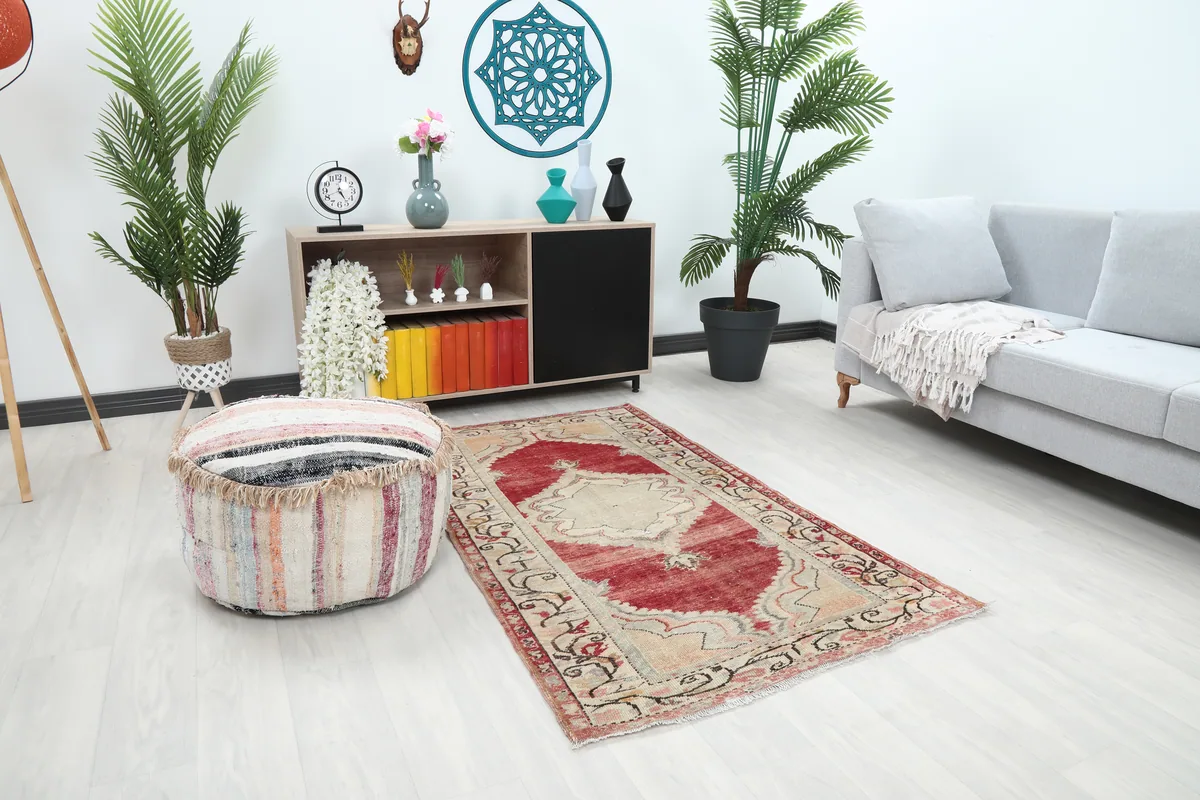 Red Medallion Anatolian Area Rug in a modern living room setting, viewed from an angle.