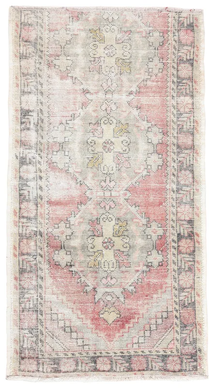 Top view of the 3x6 vintage Anatolian rug with rose and gray geometric patterns on a white background.