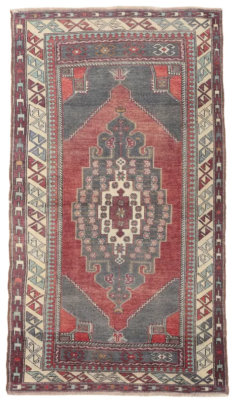 Red Gray Tribal Medallion Rug, full top view showing central medallion and geometric border