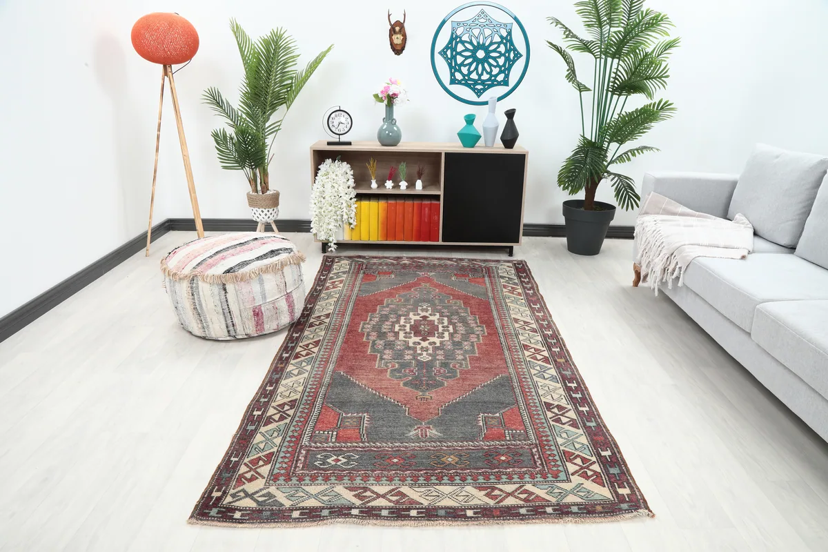 Red Gray Tribal Medallion Rug in a bright room setting with a sofa and plants