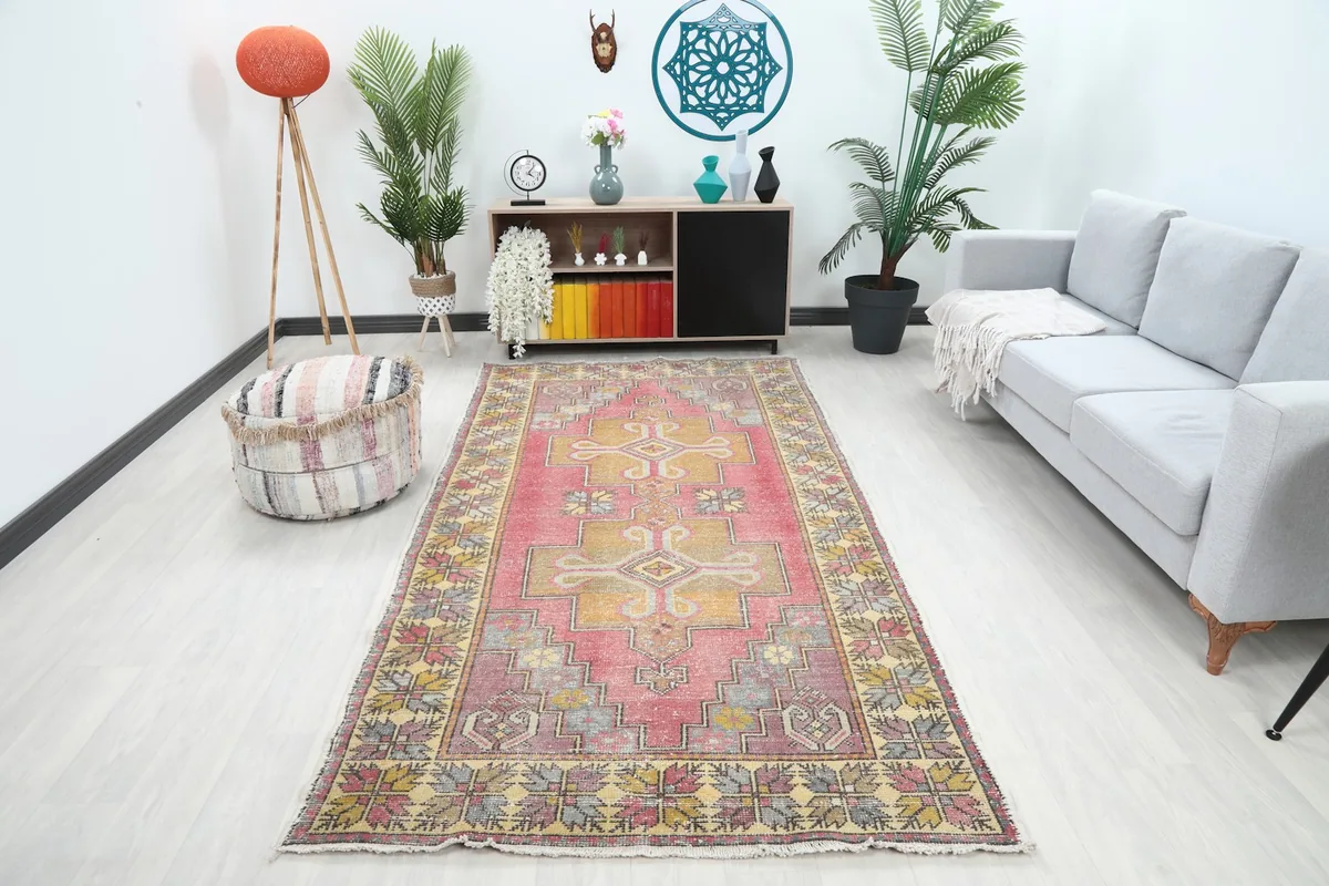 Vintage Anatolian rug displayed in a bright living room setting with a sofa and plants