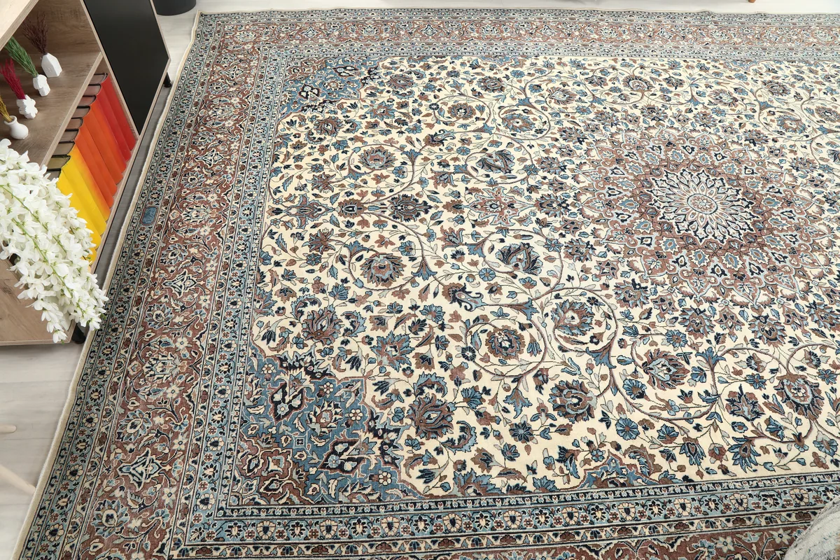 Ivory Floral Medallion Anatolian Rug, showing the full length and width from an elevated angle