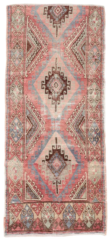 Full top view of the 3'7" x 8'4" rose and blue geometric vintage Anatolian runner
