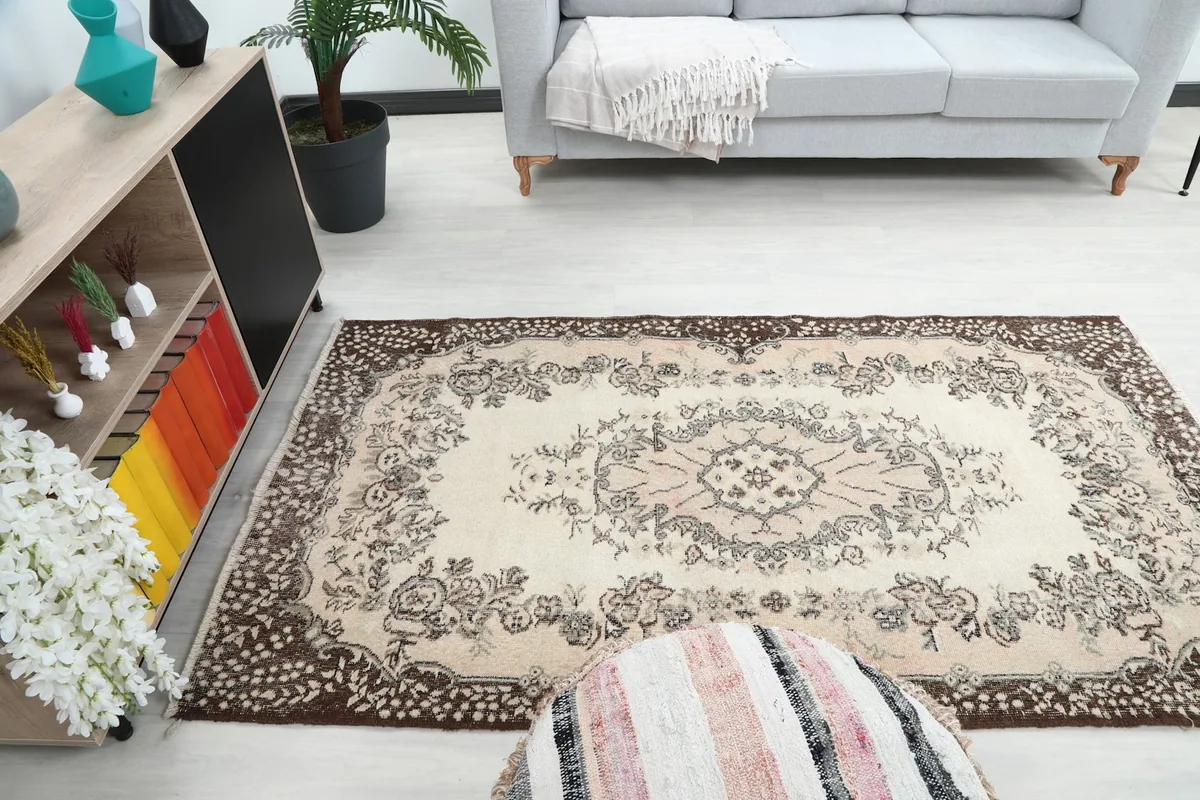 Overhead angle of the rug in a room, showing its placement relative to furniture