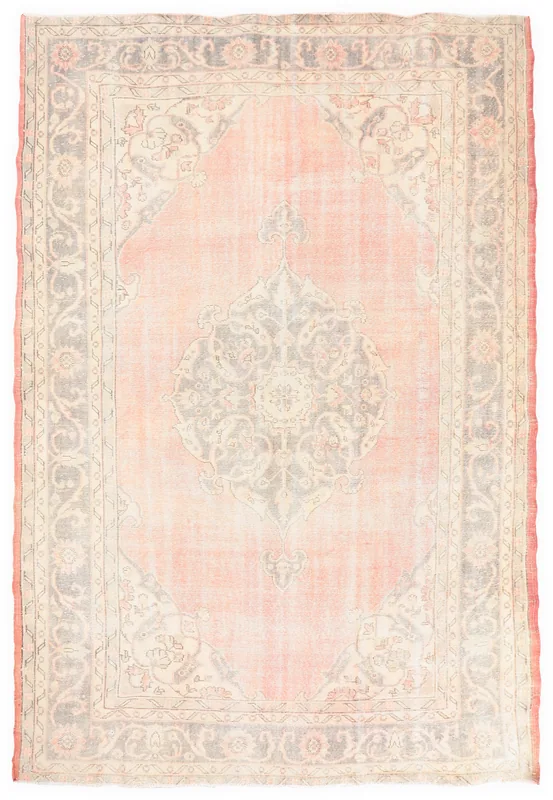 Full top view of the 6'8" x 9'11" rose and gray vintage Anatolian area rug