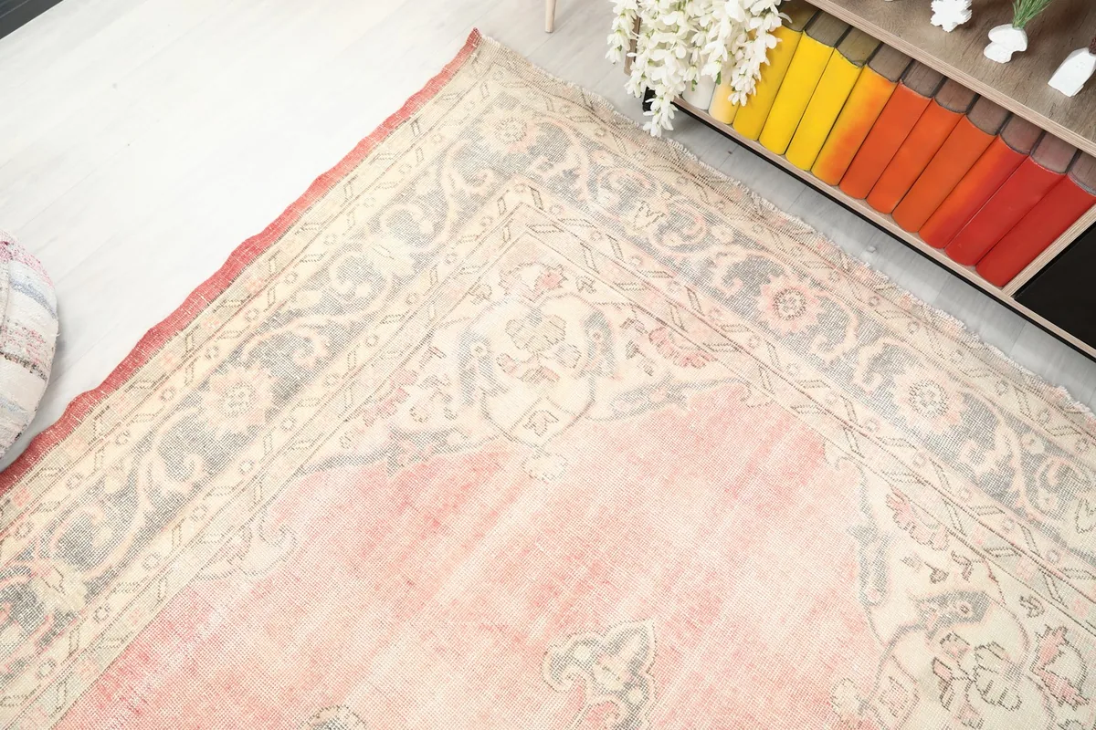 Overhead angle showcasing the full design and colors of the vintage Anatolian rug