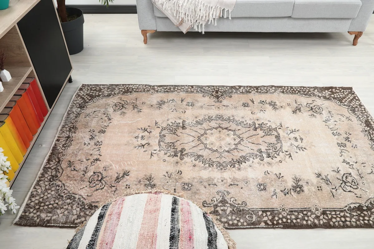 Wide angled view of the rug in a room, offering a perspective on its size and how it fits the space