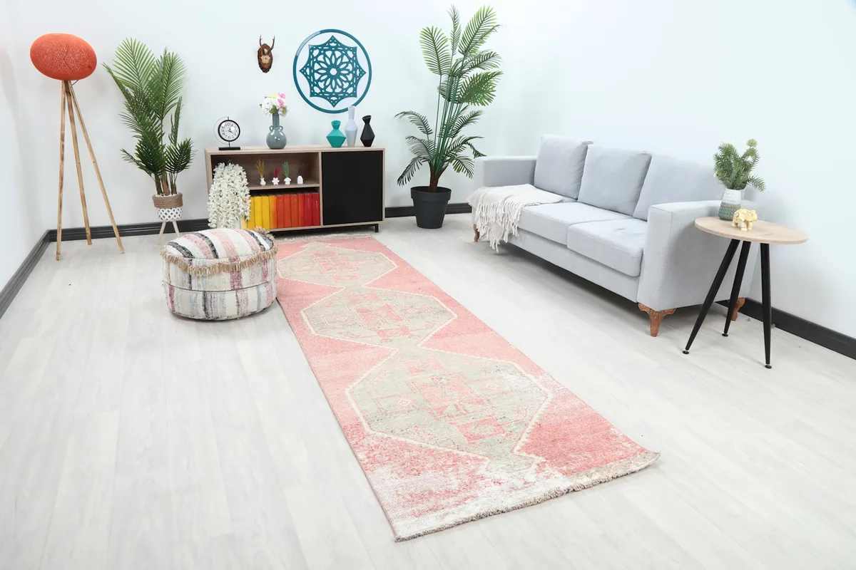 Angle view of the runner rug in a room setting, showing its length
