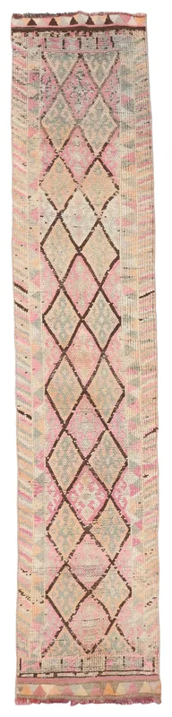 Full top view of the vintage pink and beige geometric Anatolian runner rug